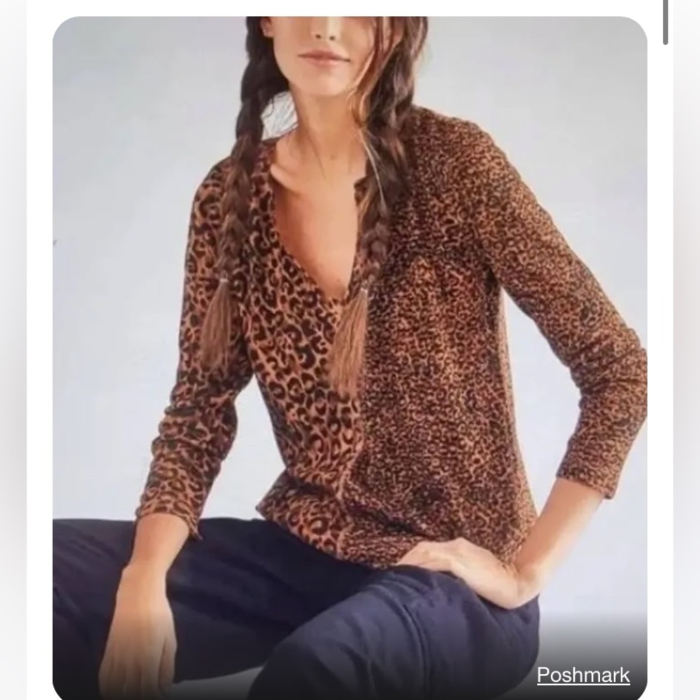 Anthropologie Pilcro Animal Print Leopard Split Neck Thermal knit shirt XS